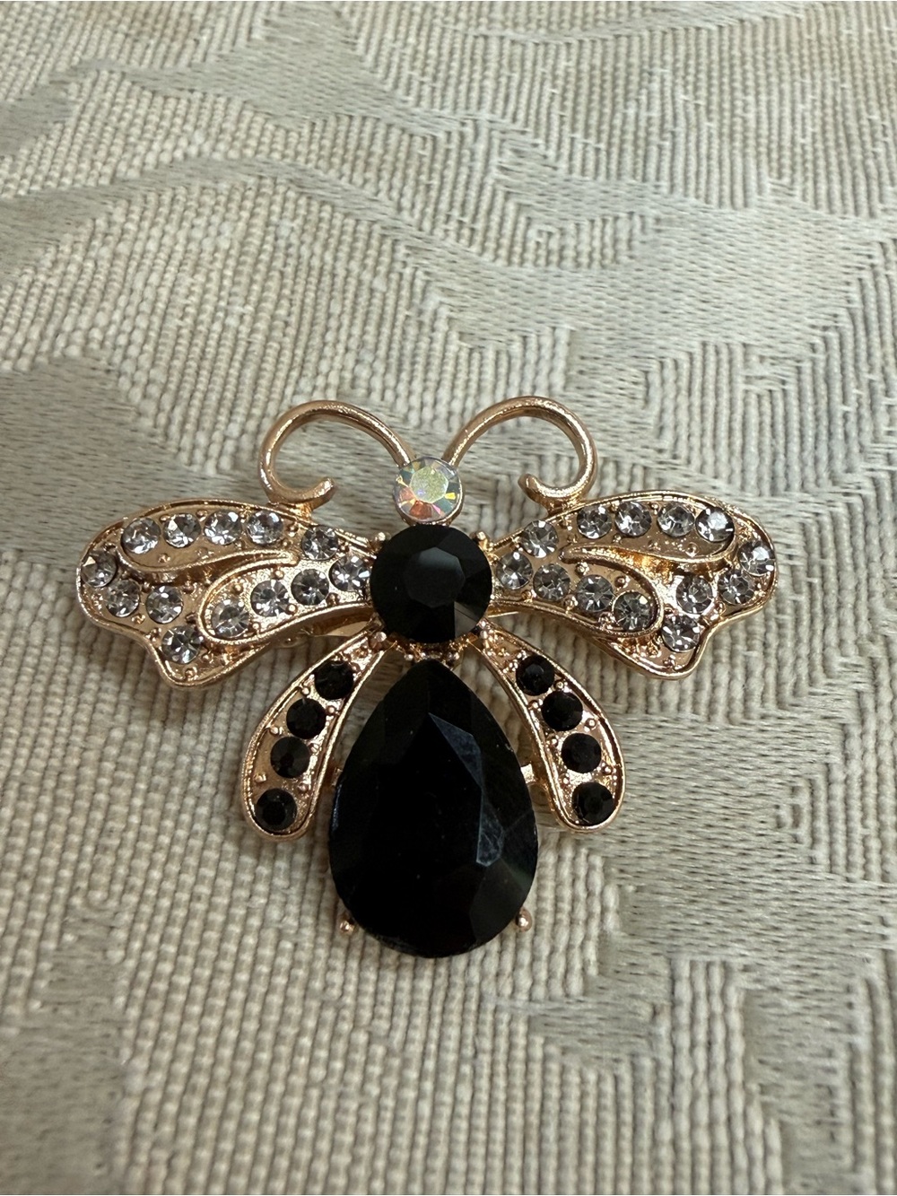 Vintage Bumble Bee Brooch with Black and Clear Stones